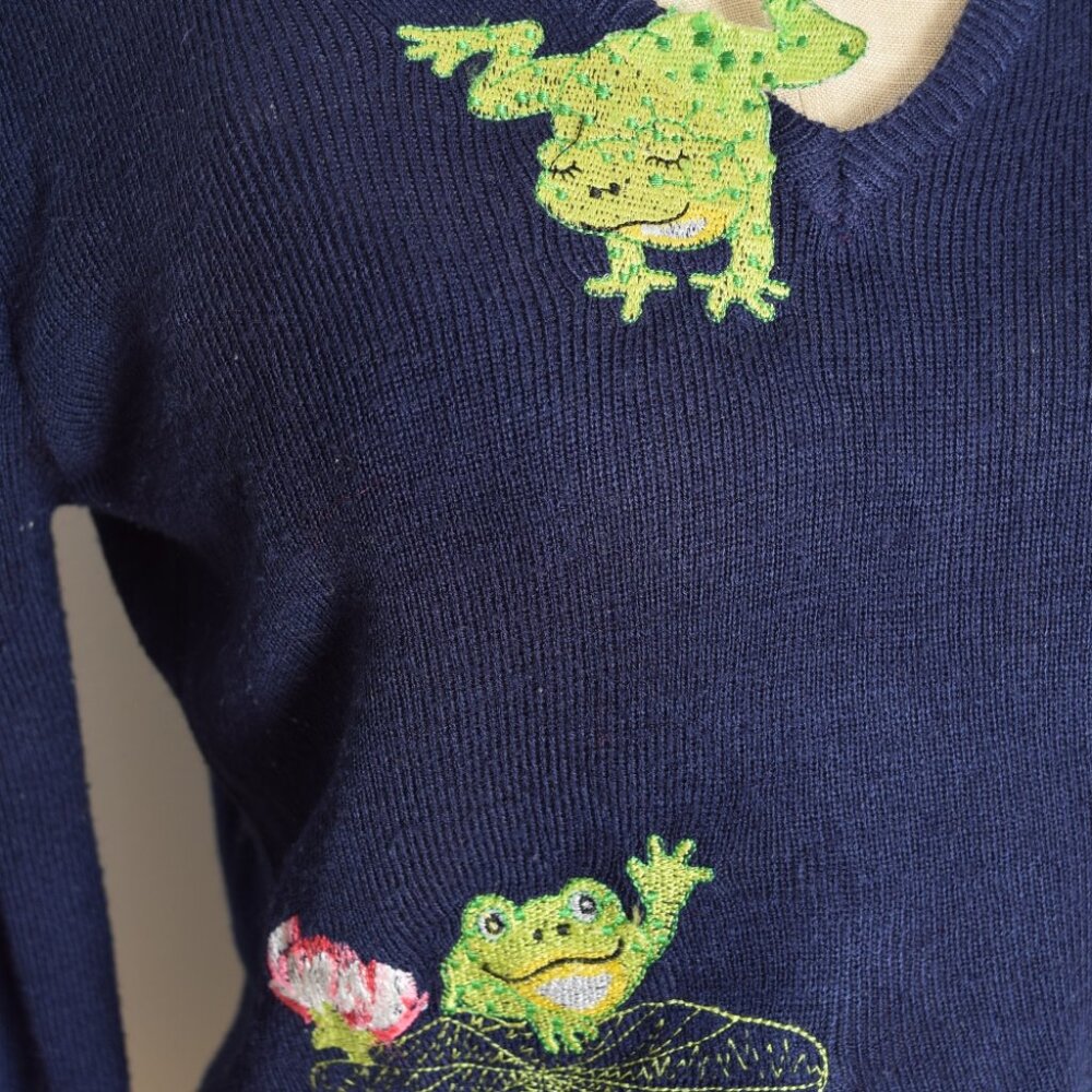vintage 70s sweater navy embroidered FROGS Cyn Les Shirlee jumper top shirt M L - Picture 3 of 8